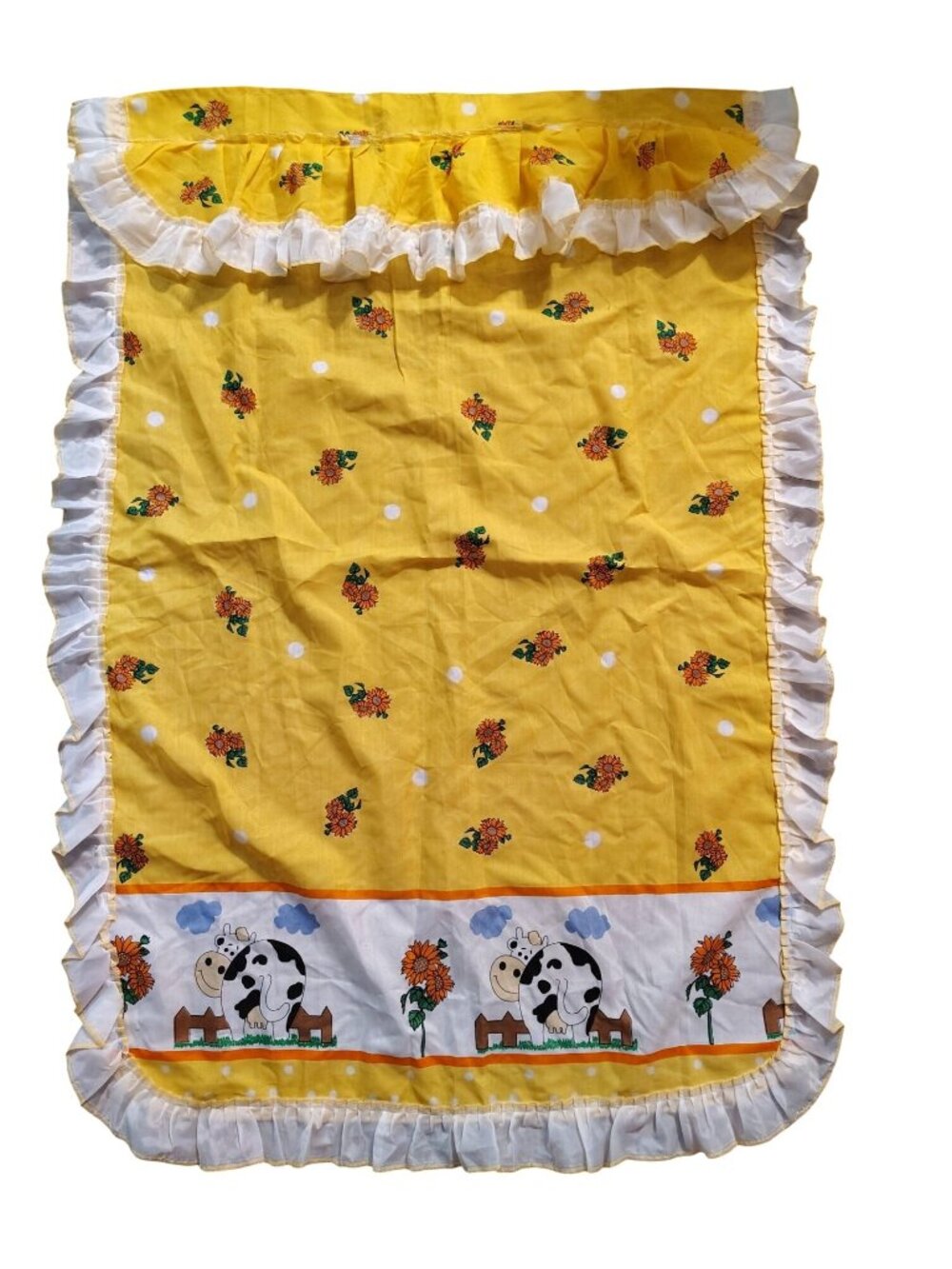 Vintage Kitchen Curtains, Yellow, Cow Ruffled White Valance 2 Panels Cottagecore